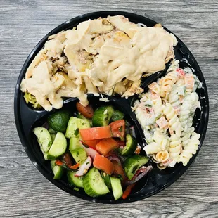 Chicken Shawarma, pasta salad and cucumber salad