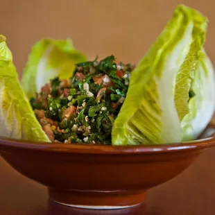 Tabbouleh. Parsley, Crushed wheat, tomatoes, Mint, Onion, Lemon juice and Olive oil