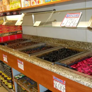 a variety of olives on display