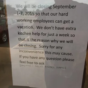 Oh no!  Closed 9/1-9/7!  Have a nice vacation!!