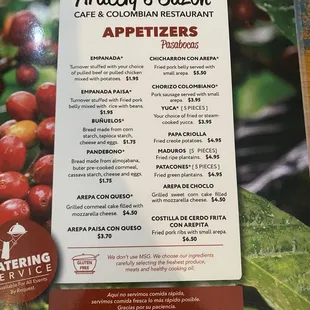 Appetizer menu