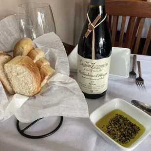 Warm Bread, Olive Oil w/Herbs &amp; Bottle of Montepulciano D&apos;Abruzzo Gifted by Friends! No Corkage Fee. Glasses &amp; Opener Provided.