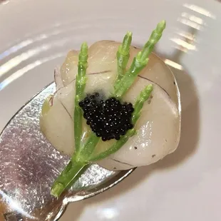 Carpaccio Di Capesante - Hokkaido scallop sashimi, sea asparagus, red onions &amp; tobiko caviar with light champagne dressing $27