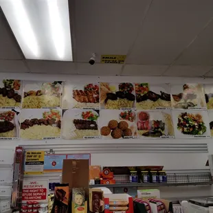 a variety of food items displayed on the wall