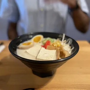 Creamy veggie Ramen with a side of soft boiled