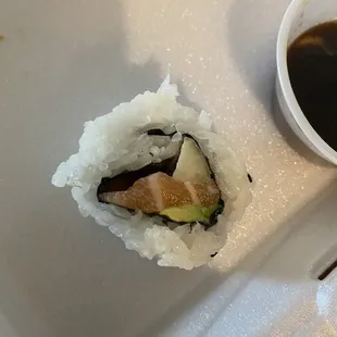 Salmon and avocado house roll. Very little fish, mostly rice. Expensive for ~$13