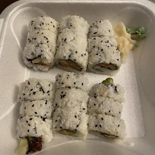 House salmon and avocado roll and eel and avocado. About $13 each. Very little fish mostly rice