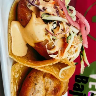 Beer batter portobello mushroom our version of a fish taco