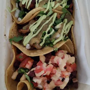 Pastor, Asada, and Soy Chicharron Tacos