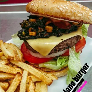 Poblano burger with fries