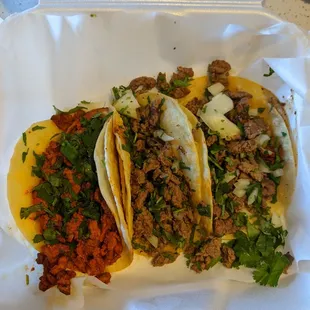 Left to right, taco Al Pastor and taco de asada