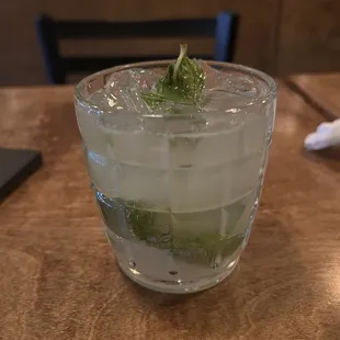 a glass of water with ice and mint