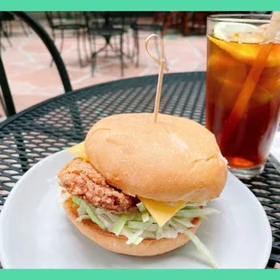 Fried fish sandwich; Iced Tea