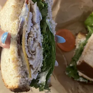 a person holding a sandwich