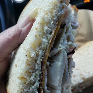 a person holding a sandwich