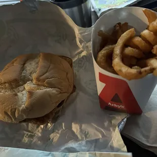 The sandwich, I omitted the lettuce and tomato.  The curly fries were small for 2.39.