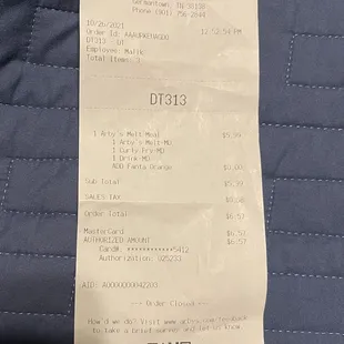 a receipt for a flight