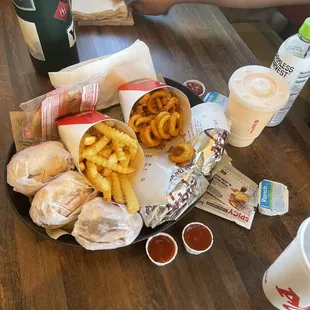 Beef jalapeño sliders, fries, orange shake and beef and cheddars