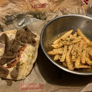 Gyro &amp; modified crinkle cut fries (tossed in sautéed garlic, butter, OO)