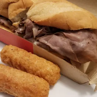 French dip sandwich and mozarella sticks