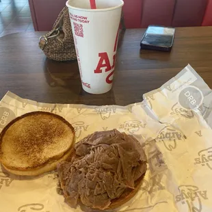 My classic roast beef sandwich. It served with just the bread and roast beef. There are several sauces available.