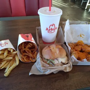 Roasted Chicken Sandwich, Buffalo Boneless Wings with Curly &amp; Crinkle Cut Fries with a Mello Yellow!