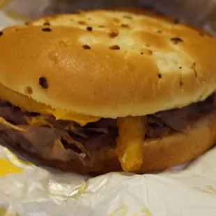 a beef sandwich on a bun