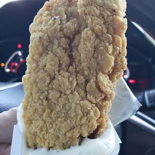 a hand holding a piece of fried chicken