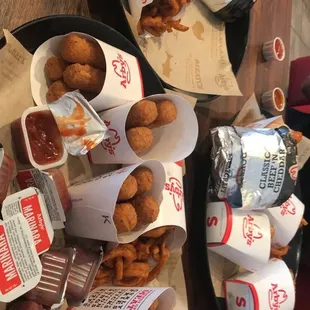 Mozzarella Sticks, Curly Fries, Chocolate Shake, Sliders