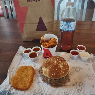 Double Roast Beef Sandwich, Curly Fries, &amp; a Hash Brown from Jack In The Box with a Peach Iced Tea!