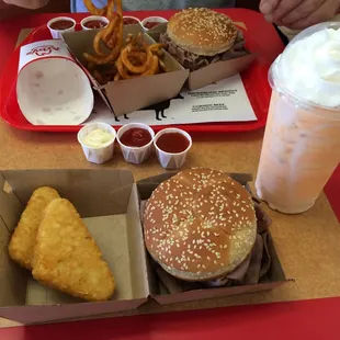 Max roast beef sandwich with potato cakes and an orange shake. Yum!