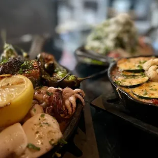 Pictured here is the Seared Calamari, the Crispy Duck and The Veg from the menu