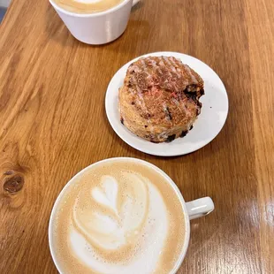 Top = vanilla latte Bottom = white chocolate orange latte Strawberry chocolate scone