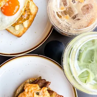 Top left - clockwise: Brekky Sammie, Butterscotch Cold Brew, Matcha Oat Latte, Arcmuffin