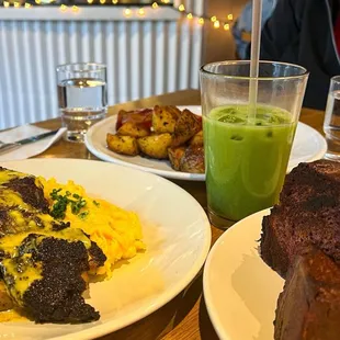 Steak and eggs, oat milk matcha