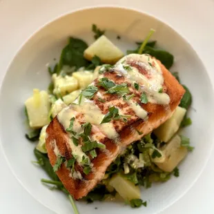 Salmon with Taragon Vinaigrette over potato-fennel hash