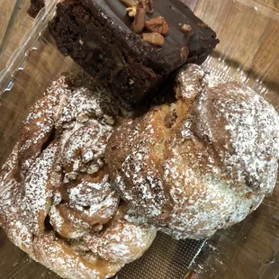 Double chocolate pecan brownie, strawberry scone, cinnamon pecan roll