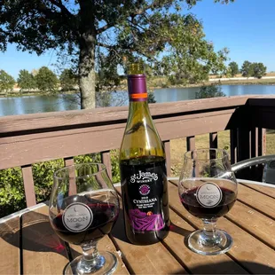 two glasses of wine and a bottle of wine