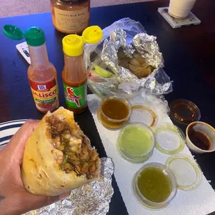 Pastor burrito  with limes grilled onions and salsa