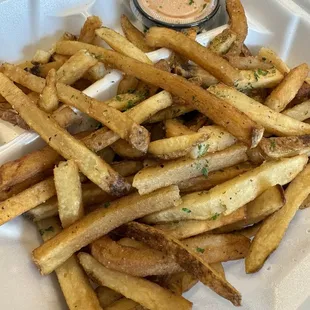 The handcut fries with their dipping aioli