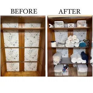 My dad's armoire refreshed with wallpaper and repurposed for linens. One of MANY projects!