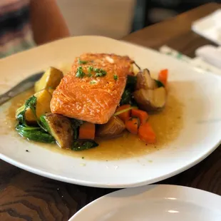 Pan seared salmon with Yukon gold potatoes, carrots, and spinach. Very delicious!