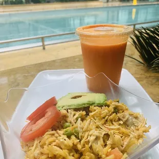 a plate of food and a drink