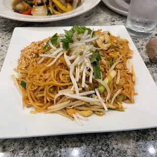 Chicken Pad Thai, with Avocado Green Curry in the background