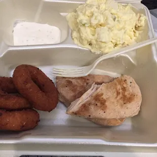 This chicken is so DRY! And only three hush puppies but I&apos;m not going to hush up about how nasty this food is ........ WOW!