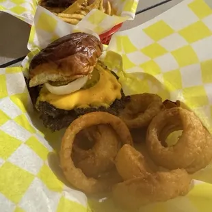 Burgers, onion rings, and fries.