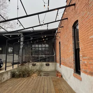 an outdoor patio with lights