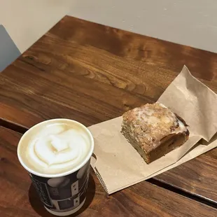 Pistachio rose latte and sweet corn coffee cake