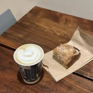Pistachio rose latte and sweet corn coffee cake