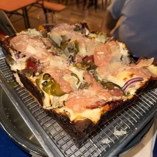 Vodka sauce, sausage and pepper Detroit style pizza!